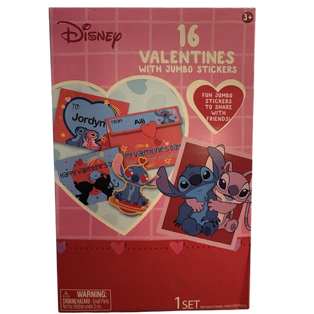 Disney Stitch & Angel 16 Valentines w/Jumbo Stickers NEW Home School Teacher  7